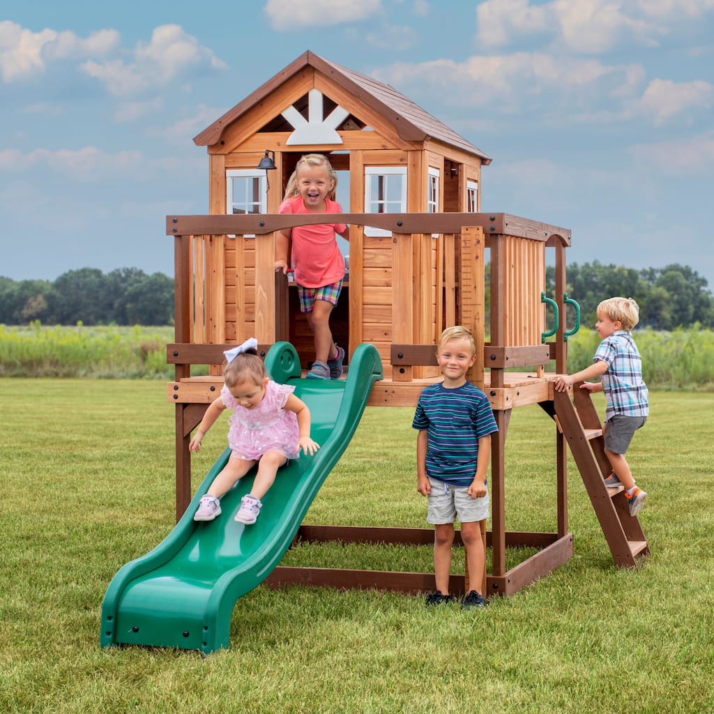 Backyard Discovery Echo Heights Cedar Wooden Elevated Kids Playhouse - 6'3" x 10'0"