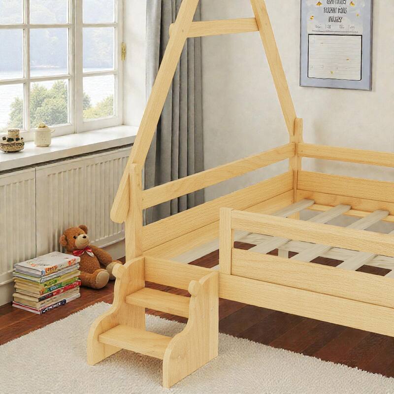 Twin/Full House Platform Bed with Stairs, Solid Wood Low Profile Kids Bed Frame, Fun Playhouse Design for Children