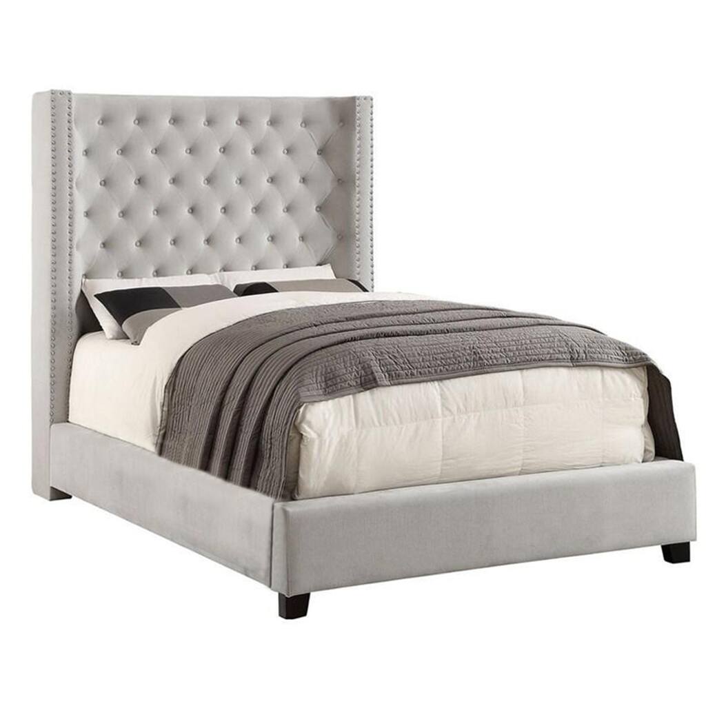 Rozy Queen Bed w Wingback Tall Headboard, Nailhead Trim, Ivory Upholstery
