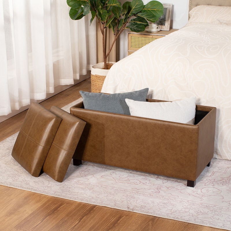 Adeco Rectangle Faux Leather Storage Ottoman with Dual Flip-Top Trays - 31.1"X15.4"X15.7