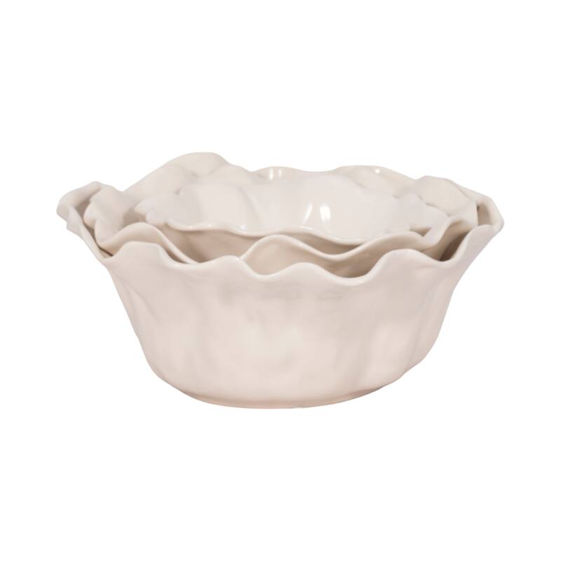 Ceramic Accent Bowl, Scalloped Edge-Set of 3-13", 11", 8", Ivory & Tan - 13.0"