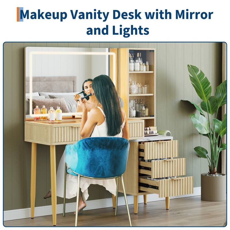 Makeup Vanity Desk with Lights, Fluted Wooden Dressing Table with 5 Drawers and Adjustable Shelves, Makeup Vanity Table