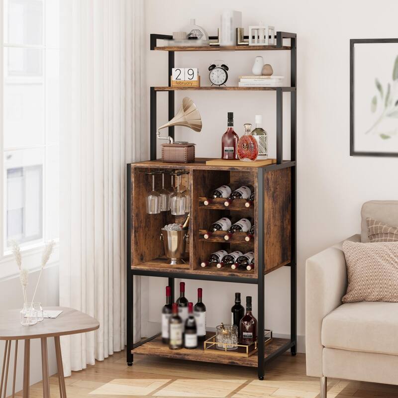 Bakers Rack for Kitchen, Kitchen Microwave Stand with Wine Rack and Glass Holder