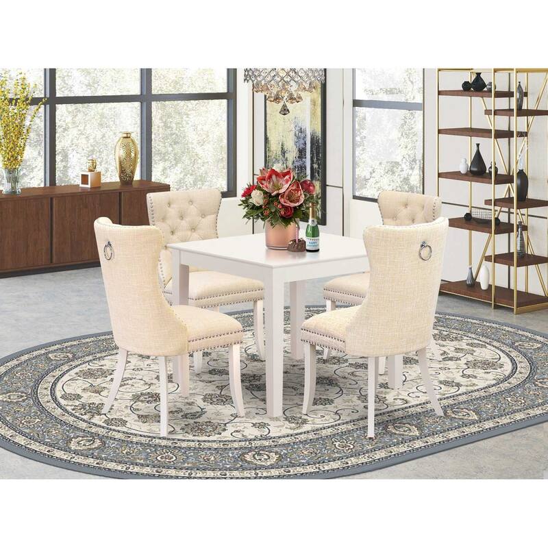 5-Piece Linen White Finish Solid Wood Top - Square Upholstered Dining Room Set - Seats 4