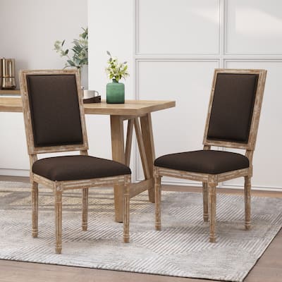 [Set of 2]Dining Chairs -Elegant Backrest & Upholstered Seats with Fluted Legs -Rustic Weathered Finish -Rubberwood Frame