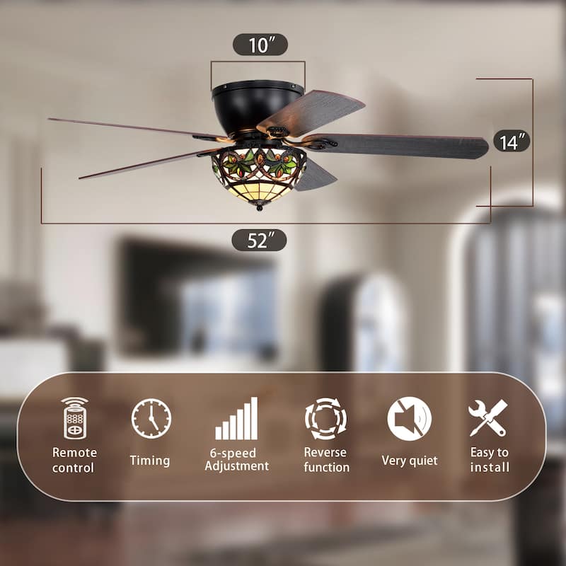 Peacoo 52-Inch Flushmount Lighted Ceiling Fan Ivory Leaf Berry Tiffany Glass Lamp Black Finish