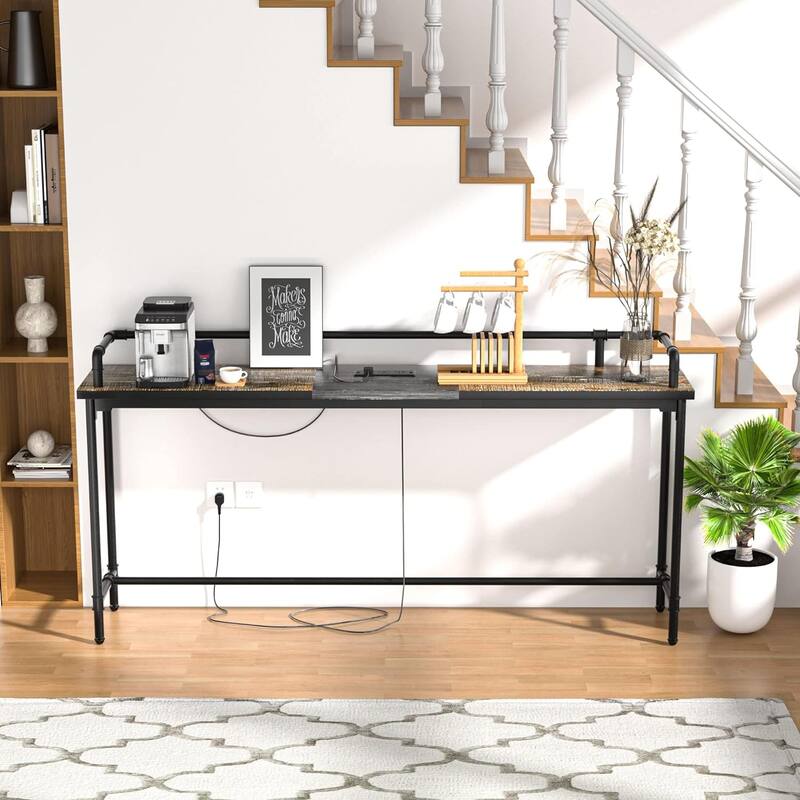 Mid Century Console Table with Power Outlet, Narrow Sofa Table, Sofa Couch Table with Charging Station USB Port