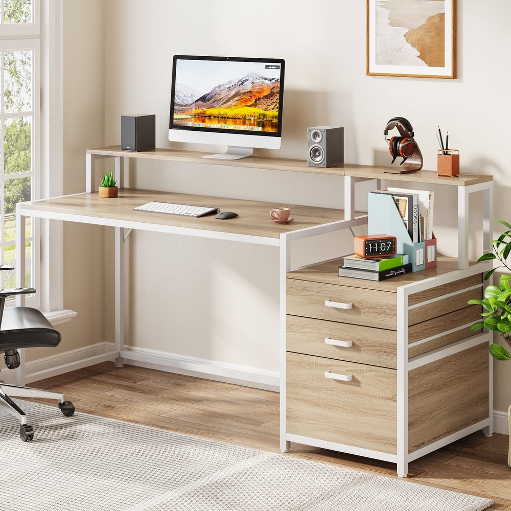 63 Inch Computer Desk with File Drawers, Ergonomic Office Desks with Monitor Stand