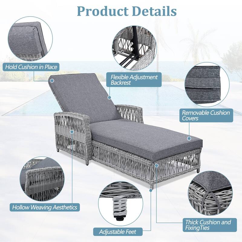 Outdoor Adjustable Reclining Wicker Chaise Lounge with Removable Cushion