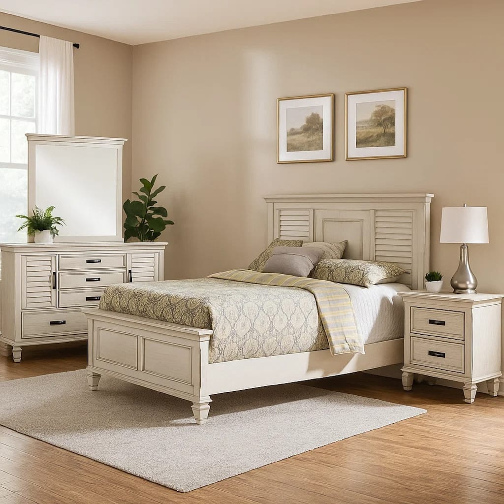 Eli 4 Piece Queen Bedroom Set, Rustic White Wood, Dresser Mirror