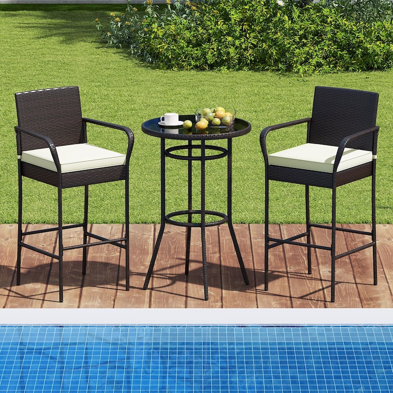 Outdoor Patio Bar Set 2 Barstools 1 Table PE Wicker Metal Frame Cushioned Backyard Furniture - 17.5" W x 21" D x 46" H