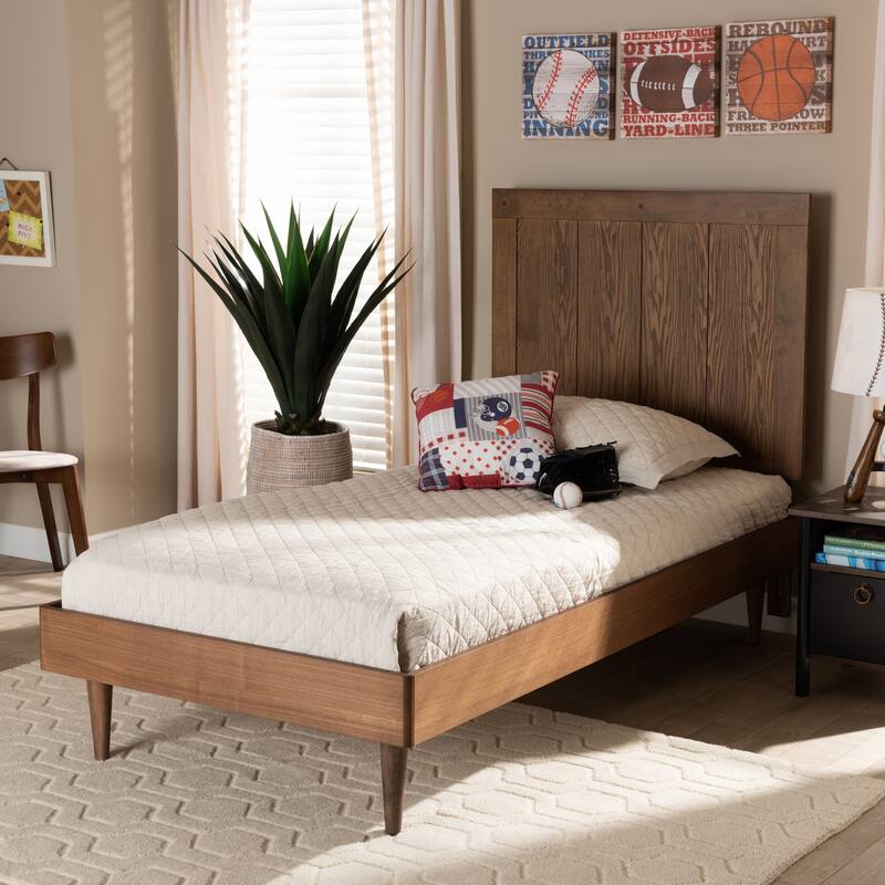 Twin Size Platform Bed - Modern Wood Bed Frame, Ash Walnut Finish, Mid-Century Style