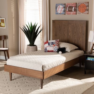 Twin Size Platform Bed - Modern Wood Bed Frame, Ash Walnut Finish, Mid-Century Style