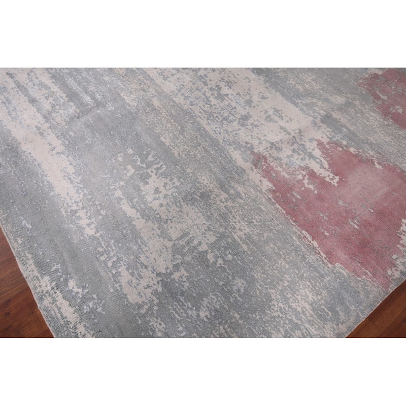 Gray Abstract Indian Area Rug Hand-Knotted Wool Carpet - 8'11"x 11'11"
