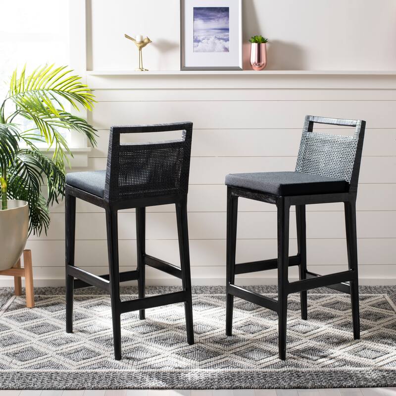 SAFAVIEH Cune 28.8 Inch Woven Dining Darin Black/ Black Cushion Bar Stool - 15.8" x 20.5" x 38.8" - 16Wx21Dx39H