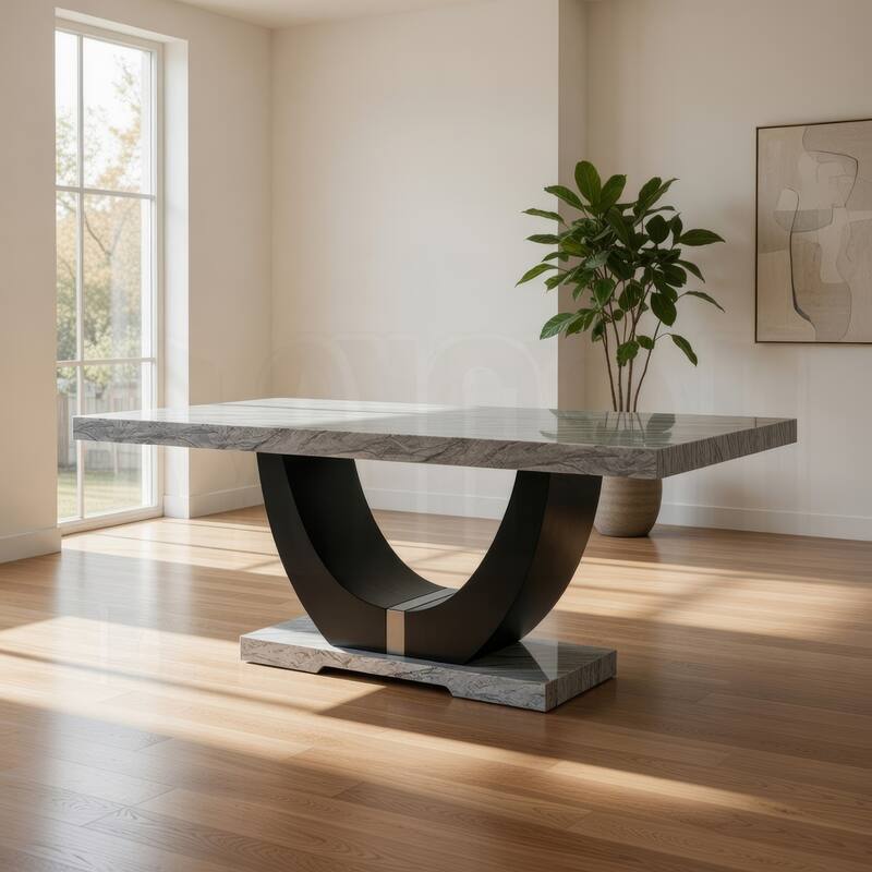 Aline Dining Table with Faux Stone Top, U-Shaped Base, Black 70 Inch