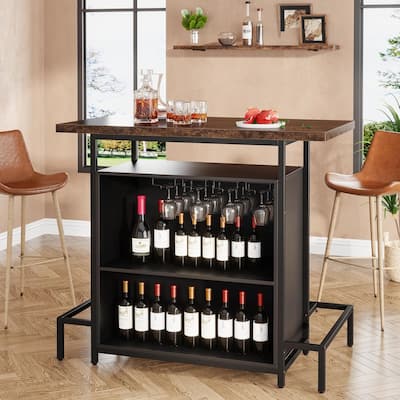 48"x 20"Industrial Home Bar Unit with 3-Tier Storage & 4 Wine Glass Racks - Rustic Pub Table, Liquor Bar Cabinet with Footrest
