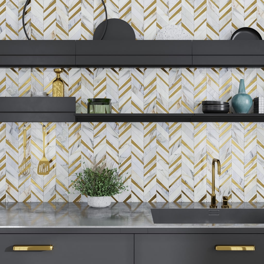 Apollo tile 12 x 12 Serena Polished White Gray with Calacatta Gold, Brass Marble Tile (5 sq ft/case) - 5 Pack