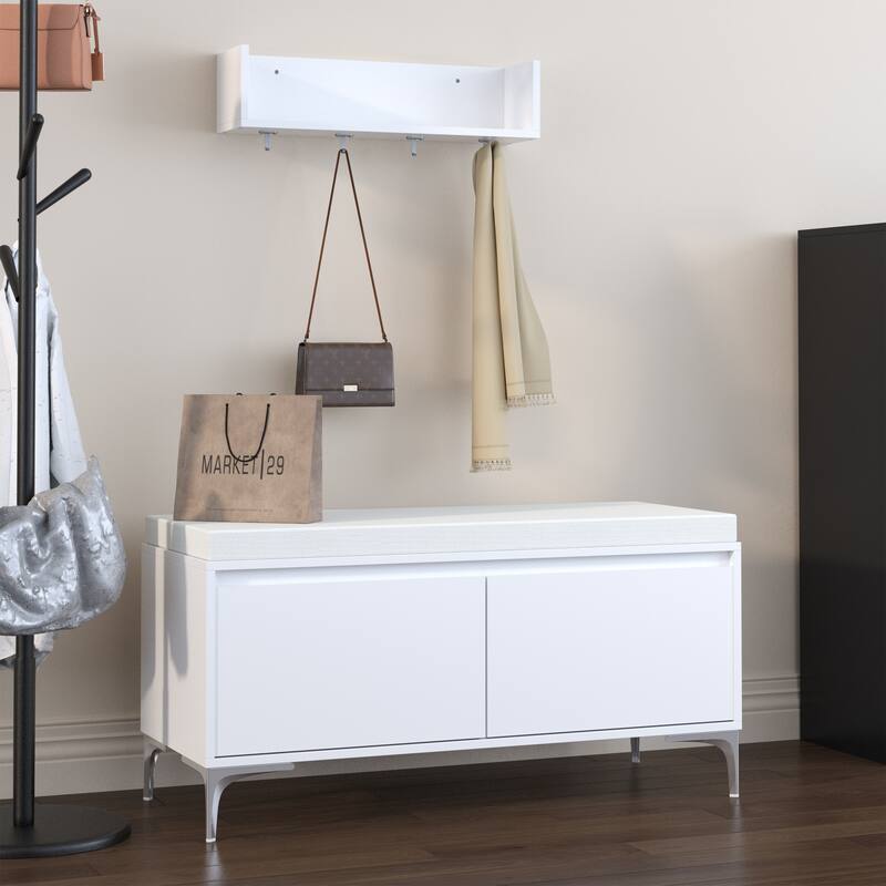 Wall-Mounted Entryway Shelf with Hooks and Storage Bench Set, Modern White Shoe Cabinet with Cushion and Closed Storage
