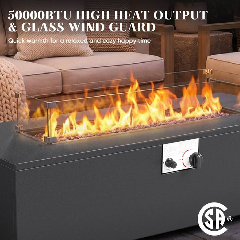 Meyreso Black Metal 43 in. Rectangular Outdoor Fire Pit Table 2-Piece Set with Side Table