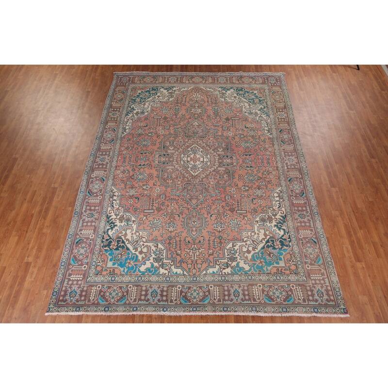 Tabriz Vintage Persian Rug Hand-Knotted Pink Geometric Wool Carpet - 9'9" x 13'4"