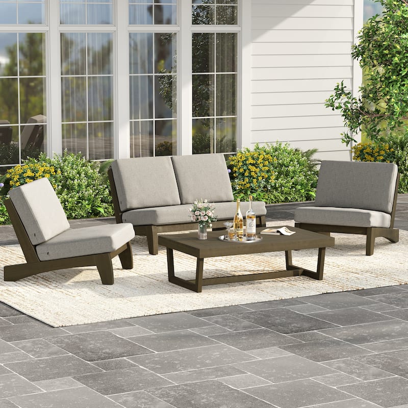 4Piece Wood Outdoor Loveseat Chair Conversation Set with Table Cushion
