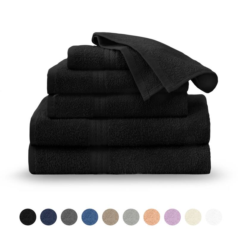 Superior Miami 100% Cotton 6-Piece Towel Set - Lightweight & Quick Drying - 6-Piece - Black