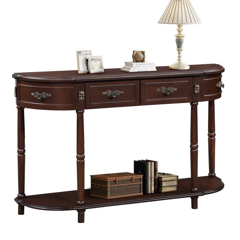 52" Half Moon Sofa Console Table with Open Shelf & 2 Drawers
