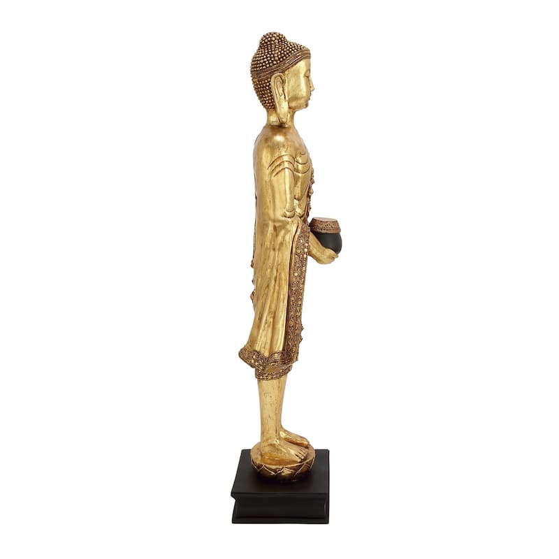 Polystone Buddha Standing Floor Sculpture with Engraved Carvings and Relief Detailing - Gold - Roche River Decor