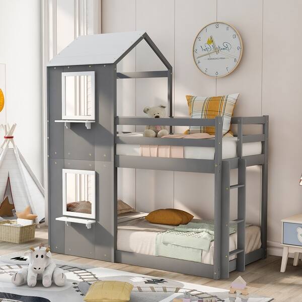 slide 2 of 17, Grey Twin over Twin Solid Wood Bunk Bed with Roof, Window, and Guardrail Grey