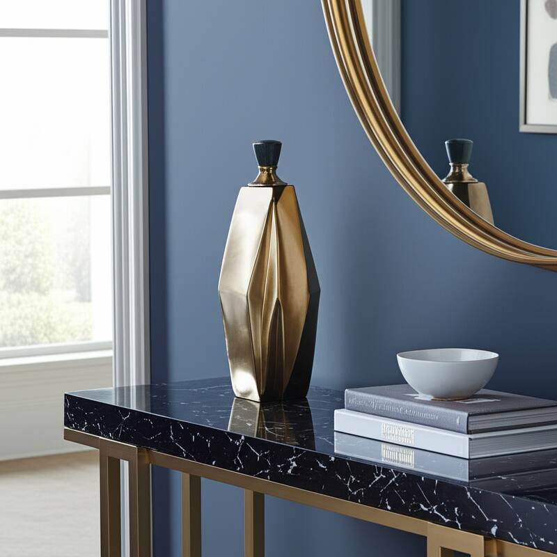 Metal and Marble Vase with Faceted Body Lid Contemporary Accent