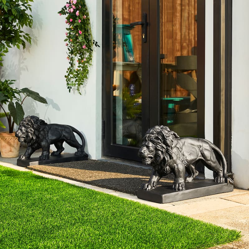 Glitzhome MGO Vintage Sitting & Lying Lion Guardian Garden Statue Porch Sculpture Indoor Outdoor - 2-Piece Black Walking Lions