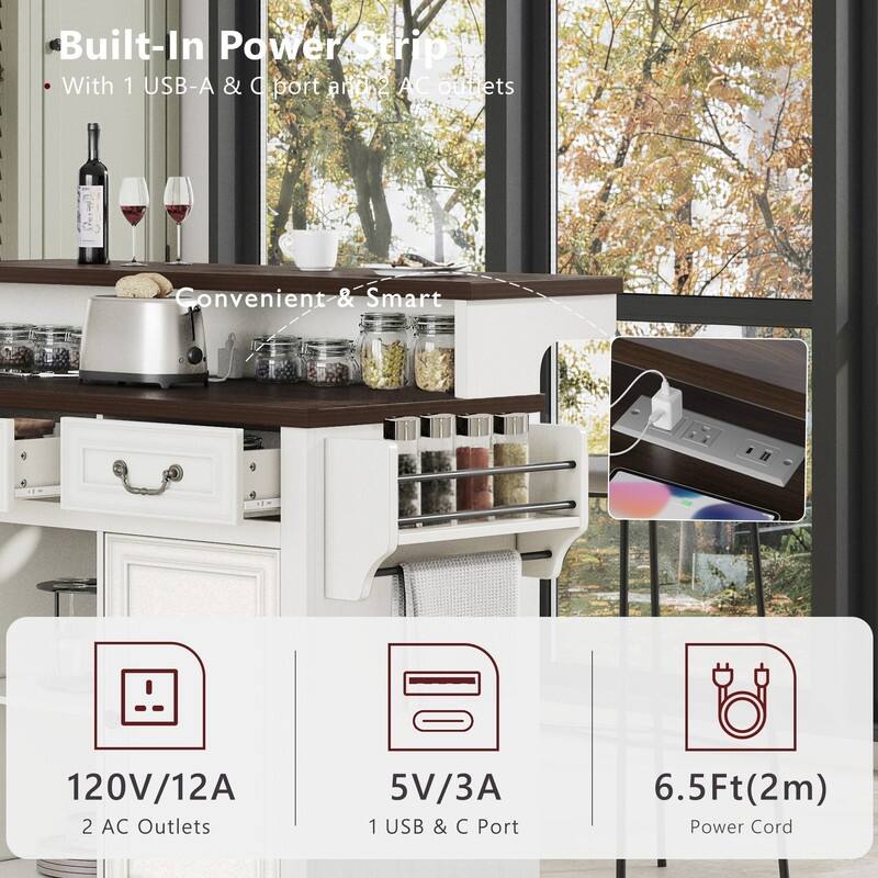 Farmhouse 53.2" Kitchen Island with Power Outlet, Rolling Island Table, Bar Cabinet with Storage 4 Door Shelves and 3 Drawers