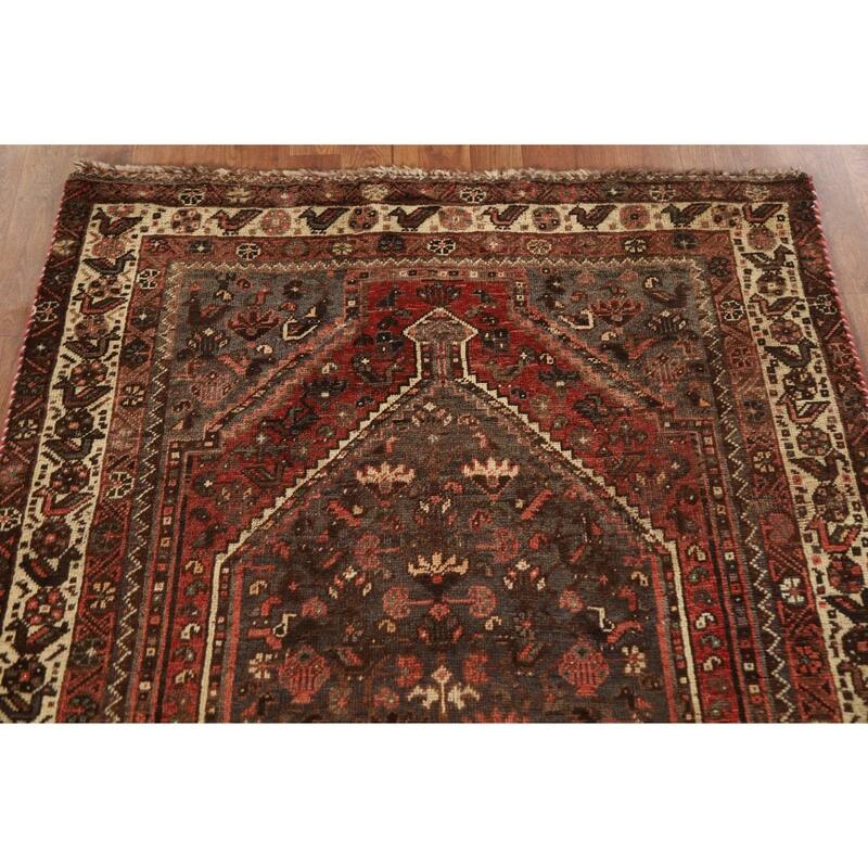Hand-knotted Qashqai Persian Vintage Area Rug Grey Wool Carpet - 3'9"x 5'6"
