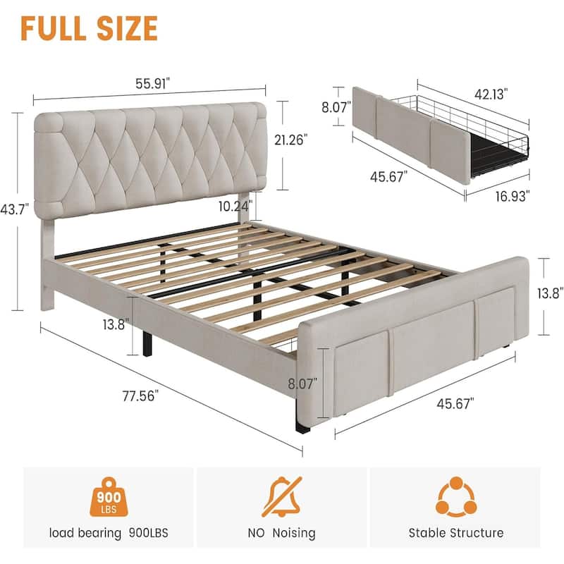 Upholstered Platform Bed Frame with Storage Drawers, Solid Wood Slats, No Box Spring Needed