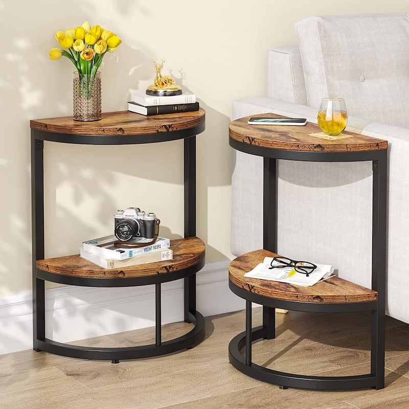 End Table Half Round, Narrow Side Table, Slim C Table for Sofa Couch - 2PCS - Brown2-tier