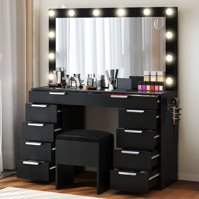Moasis 10-Drawer Cosmetic Vanity Desk Set with Glass Tabletop Makeup Vanity with Stool