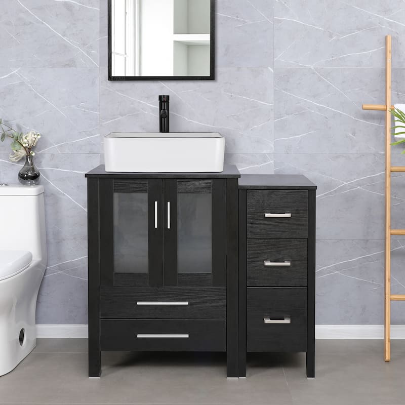 eclife 36" Bathroom Vanity Black Set with Side Cabinet Vessel Sink Faucet Combo - black line ceramic sink