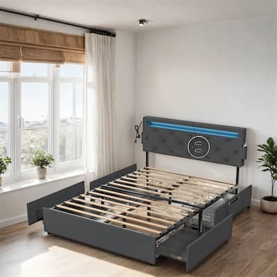Queen Size LED Bed Frame with USB Charging Station & 4 Storage Drawers