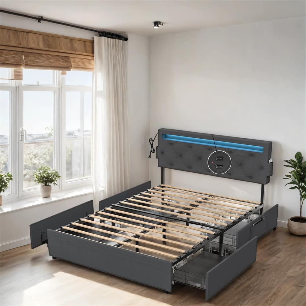 Queen Size LED Bed Frame with USB Charging Station & 4 Storage Drawers