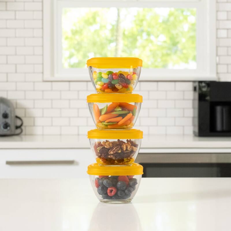 Libbey Serve It 16-Piece 2-Cup Glass Storage Bowl Container Set with Yellow Plastic Lids - Set of 16 - Set of 16