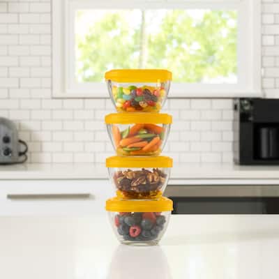 Libbey Serve It 16-Piece 2-Cup Glass Storage Bowl Container Set with Yellow Plastic Lids - Set of 16