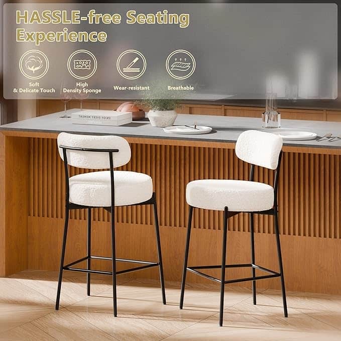 XINMICS 24 Inches Modern Counter Height Bar Stools with Curved Back Metal Legs, Upholstered Boucle Barstools, Set of 2/3/4