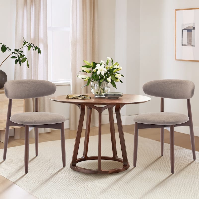 Set of 2 Wooden Dining Chairs, Fabric Upholstered, Beige