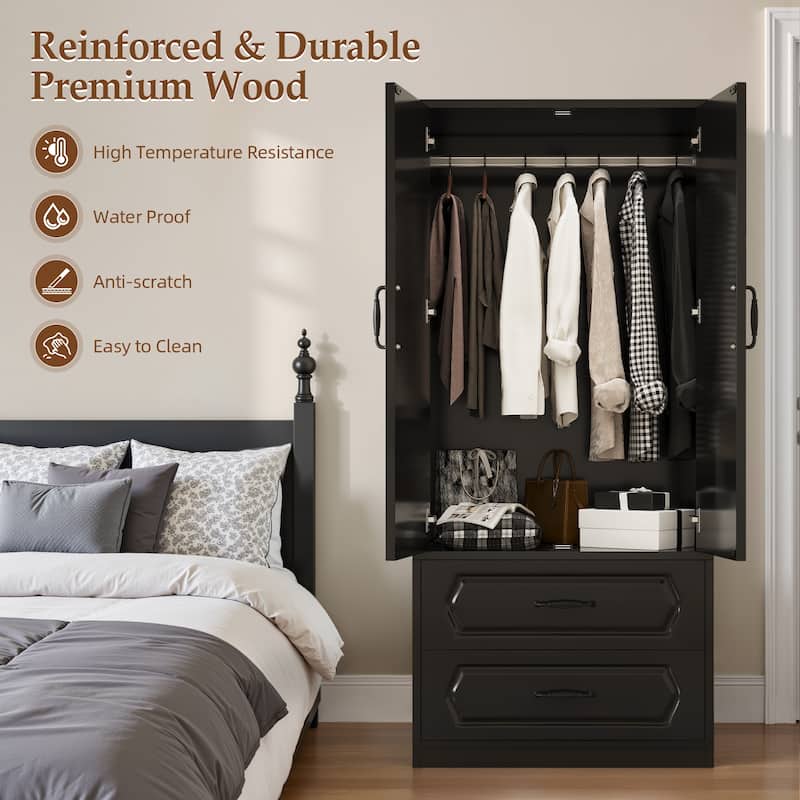 Pocassy 68.9" H Wardrobe Closet with 2 Doors and 2 Drawers