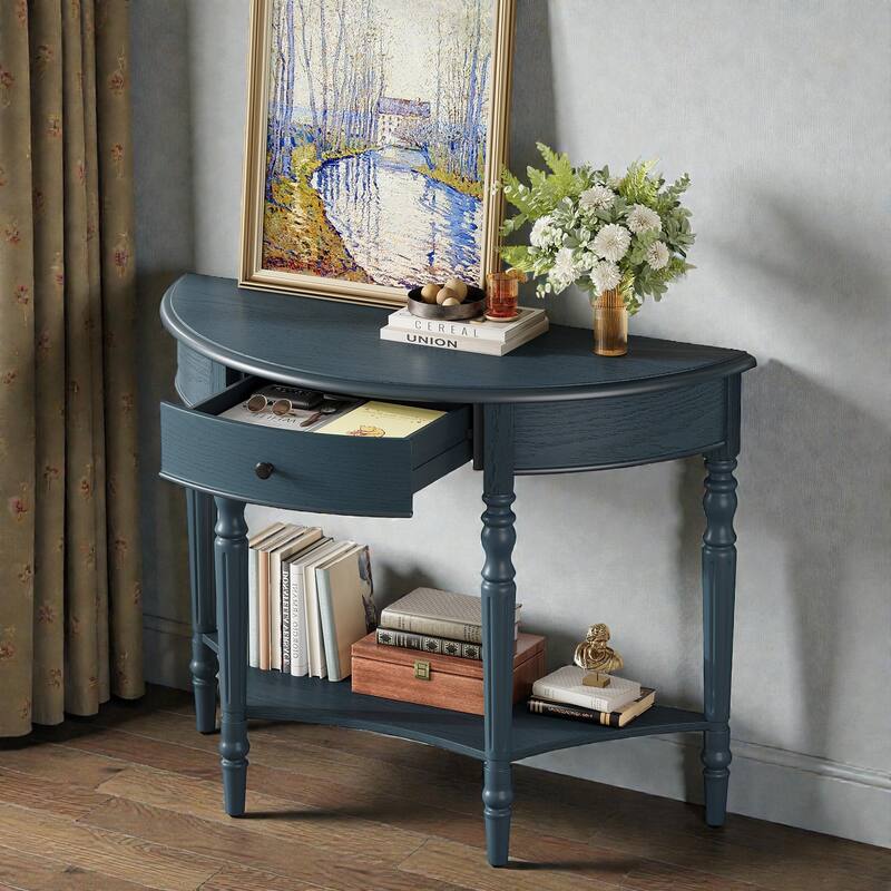 Farmhouse Half Moon Console Table with Drawer and Shelf, Rustic Solid Wood Entryway Sofa Table