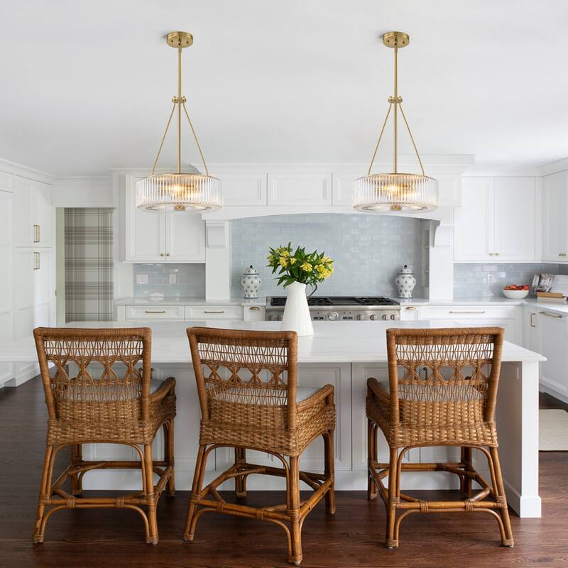 13.9 in. 3-Light Gold Chandelier Ripple Glass Pendant Light