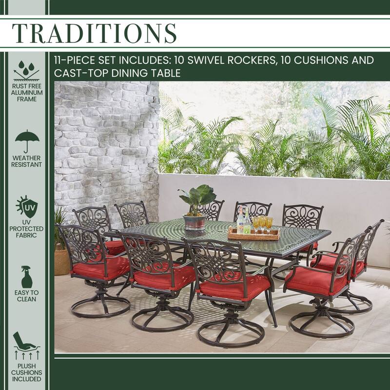 Hanover Traditions 11-Piece Dining Set in Red with Ten Swivel Rockers and an Extra-Long Dining Table