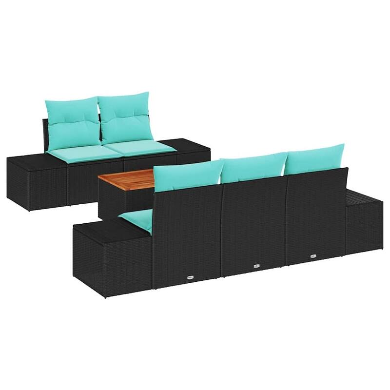 vidaXL 6 Piece Garden Sofa Set with Cushions Black Poly Rattan Acacia - 94.1×24.4×27.2