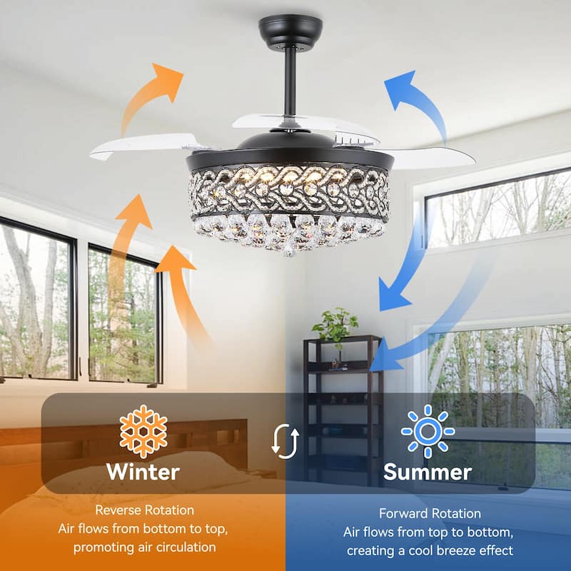 Kviflon 48'' Retractable Ceiling Fan with Lights and Remote 6 Speed, 3 Light Change Retractable Blade Chandelier Ceiling Fan